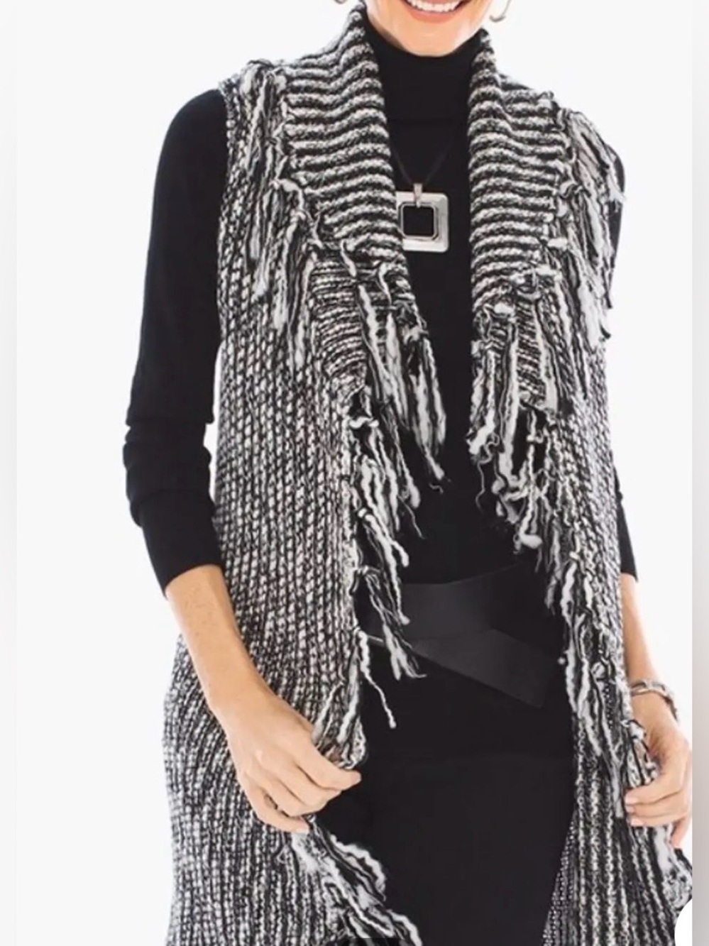 Chico’s Women’s Drama Fringe Nolan Long Black White Sweater Vest Car Vest  SZ 2